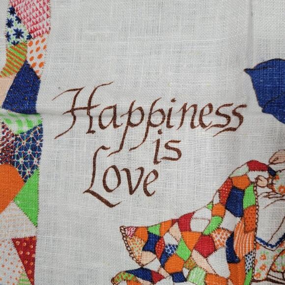 Vintage "Happiness is Love" Patchwork Border Tea Towel, 12.5X15.5 - Picture 3 of 6